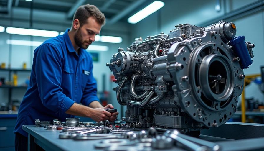 Technician meticulously assembling a complex diesel engine block in a clean workshop