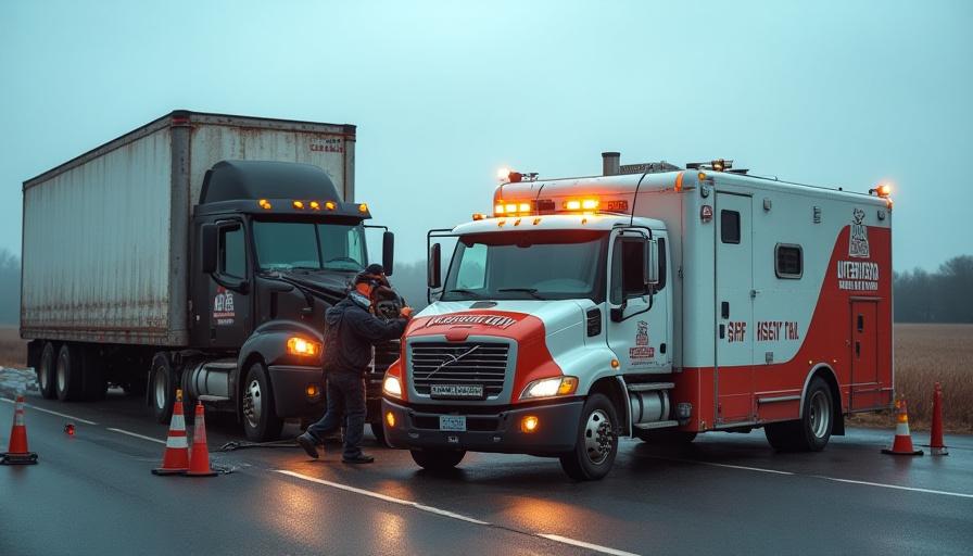 A fully equipped mobile repair van pulled over to service a disabled truck on the roadside