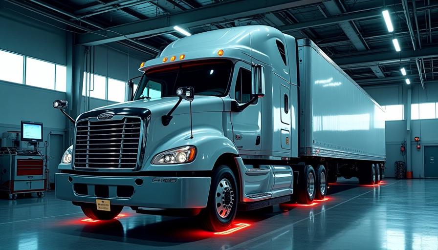 A large semi-truck positioned on an advanced alignment rack inside a service bay