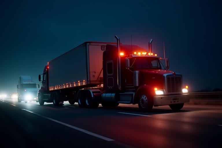 Heavy-duty tow truck lifting a semi-tractor on the highway at night