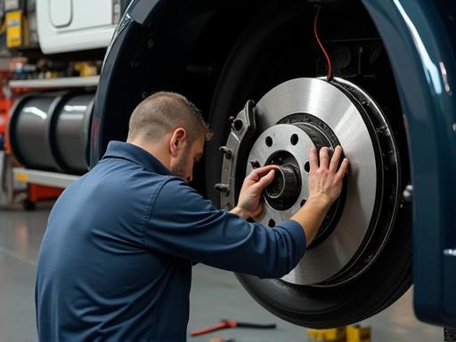 Technician inspecting brake components of a heavy-duty truck