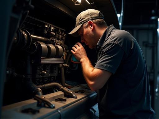 Technician performing an oil change on a truck engine